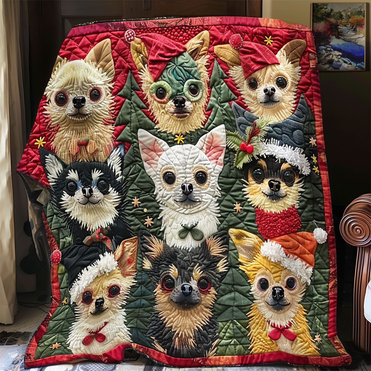 Cartoon Christmas Chihuahuas Quilt Blanket