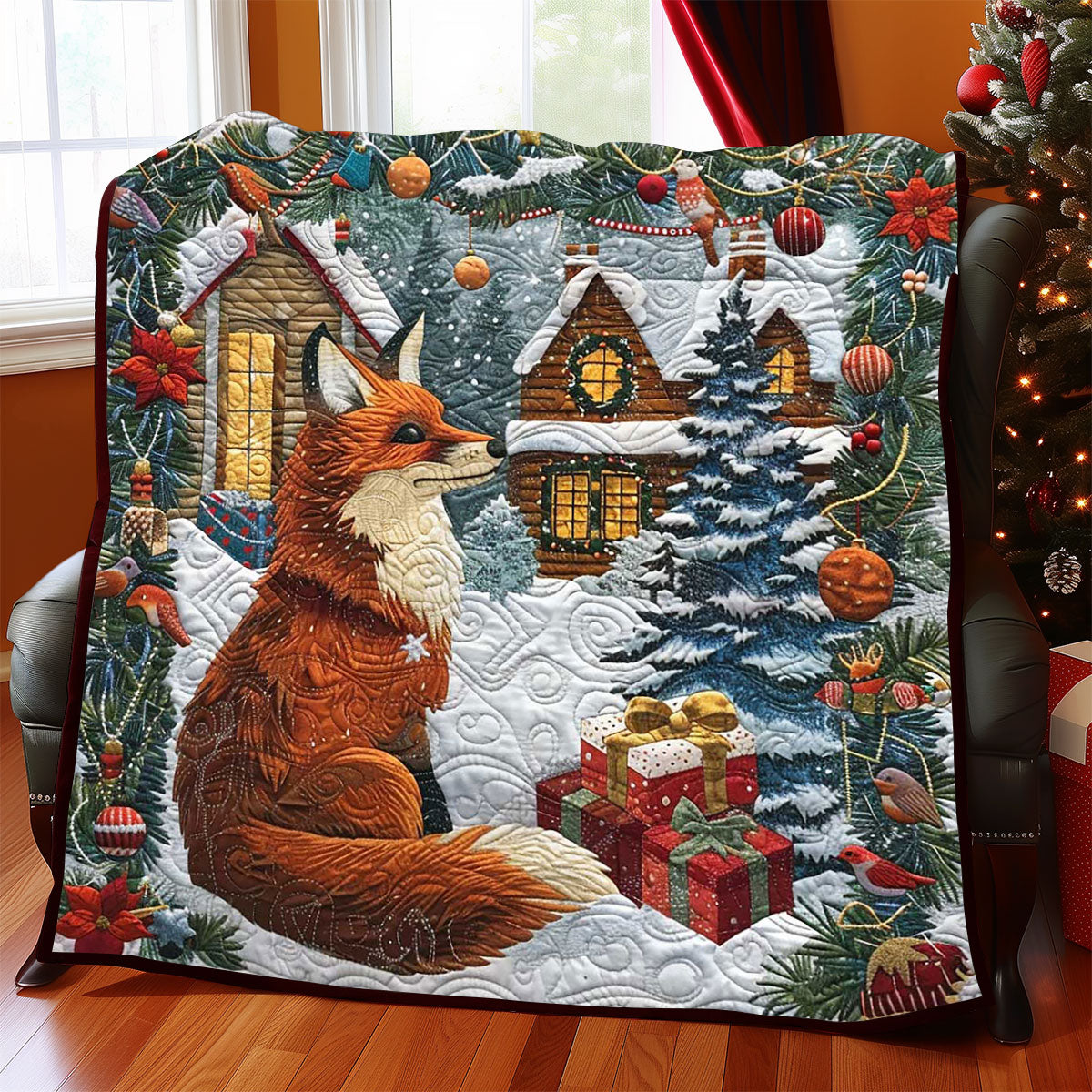 Christmas Fox Present Quilt Blanket