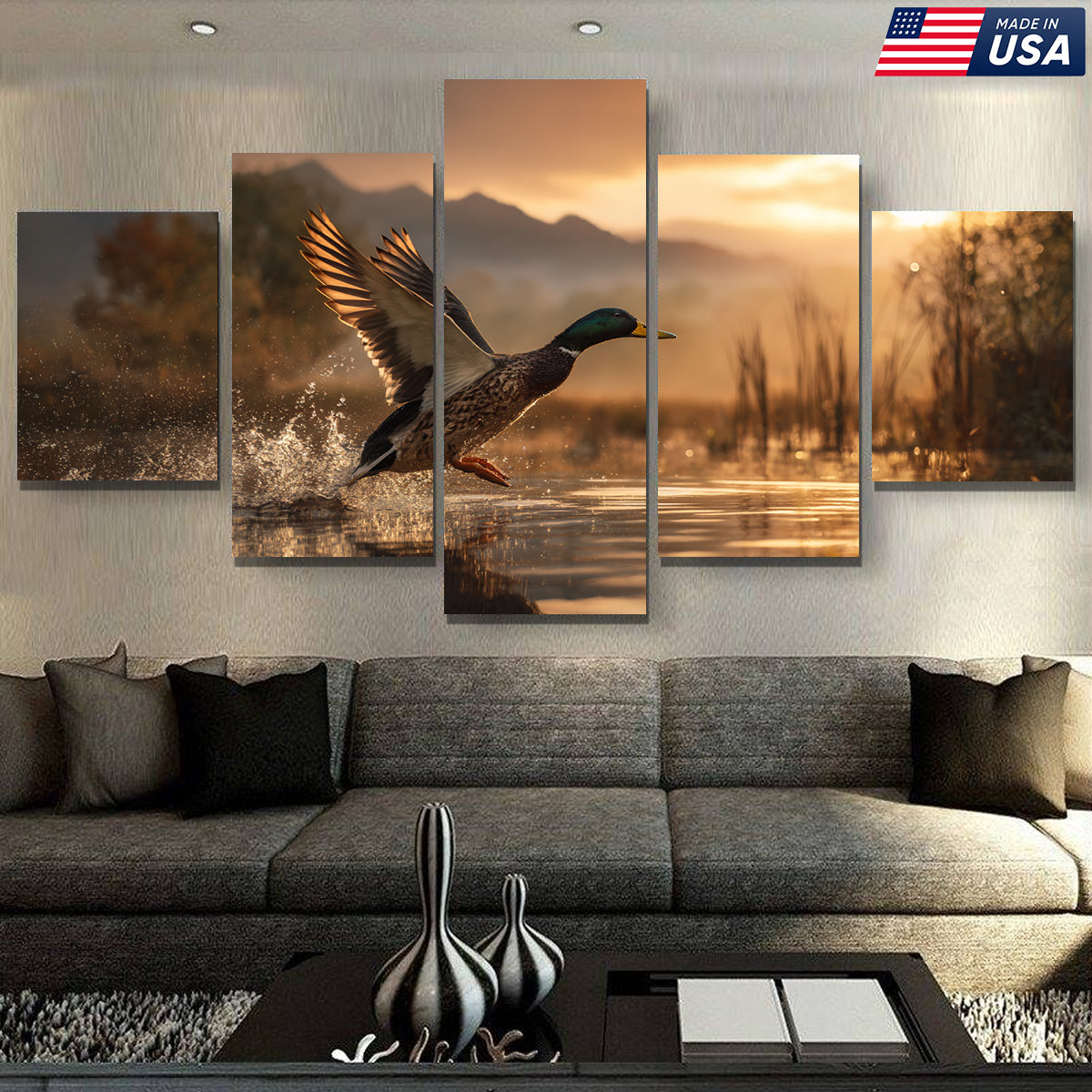 Flying Mallard at Dawn Canvas Wall Art Print for Hunters - Stunning 5-Panel Duck Canvas
