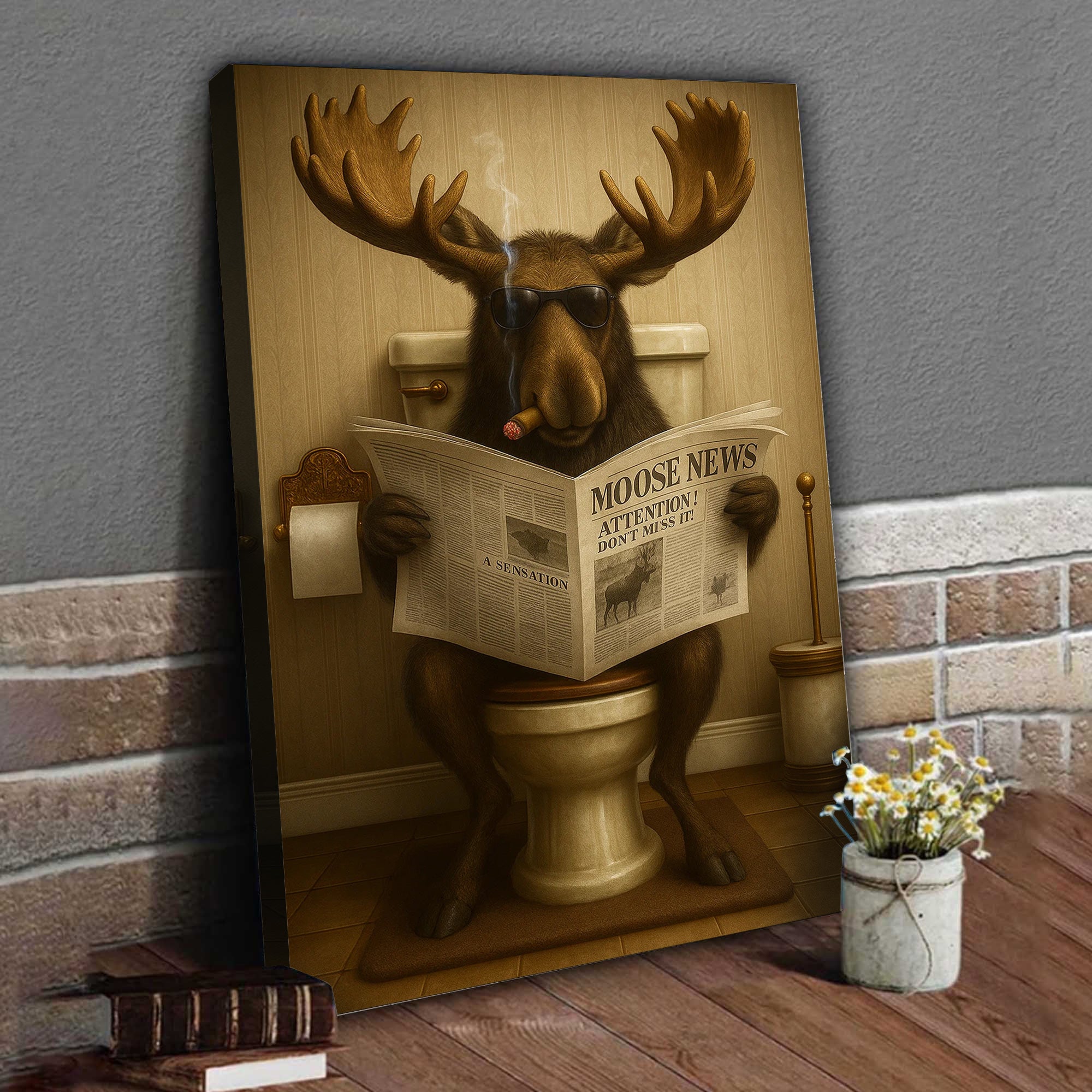 Funny Elk Hunting Lodge Moose Bathroom Canvas Wall Art – Wildlife Animal Poster - Unique Gift for Dad, Hunters & Outdoorsmen