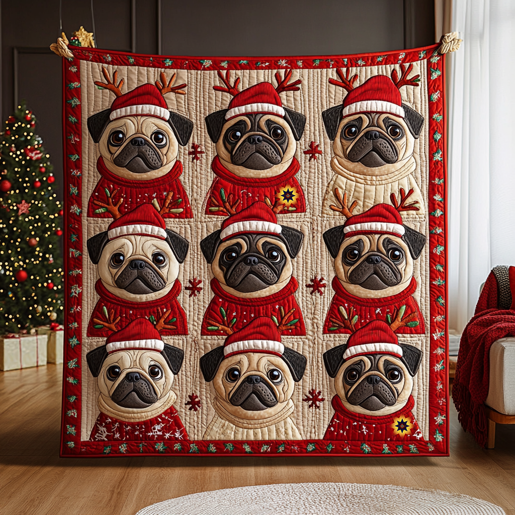 Pug Reindeers Quilt Blanket