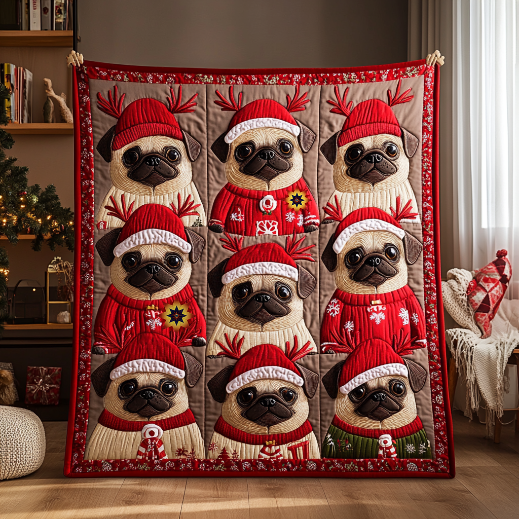 Pug Reindeers Woodland Retreat Quilt Blanket