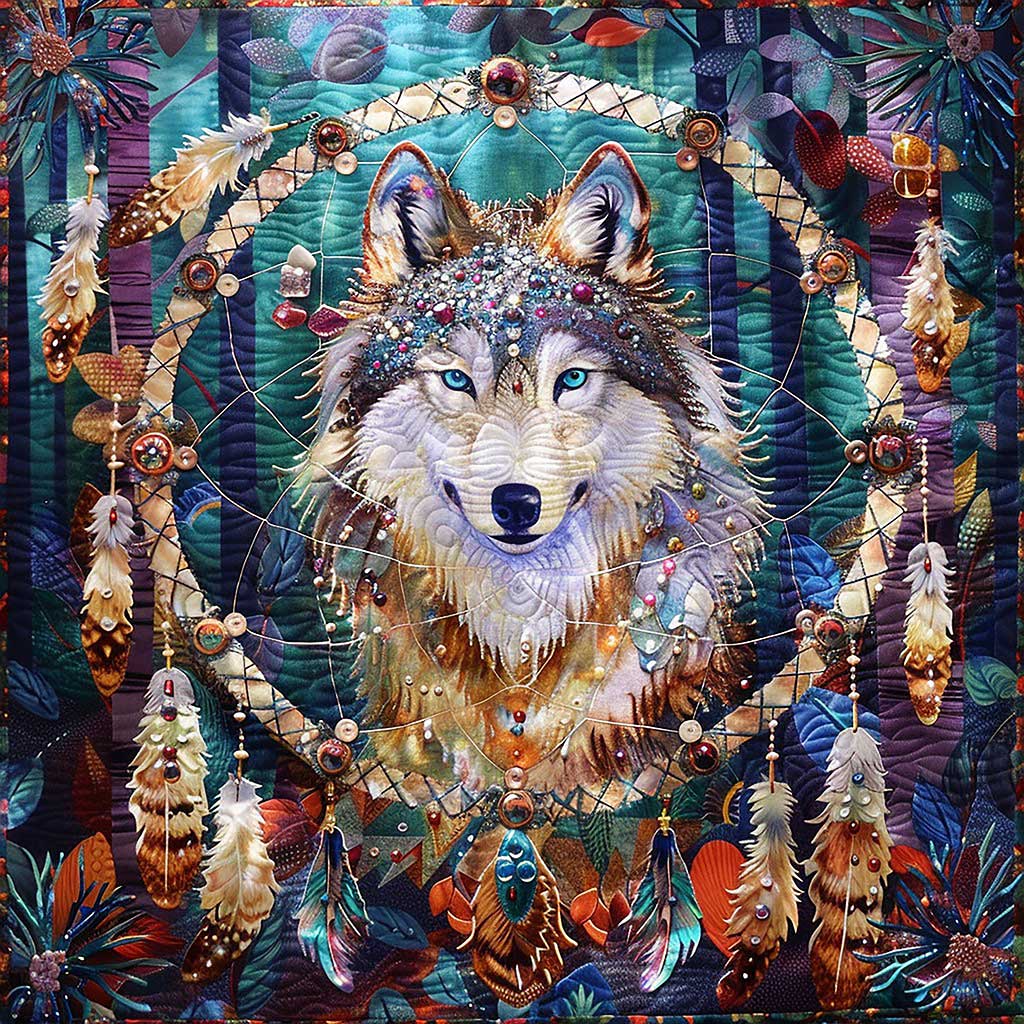 Purple Dream Catcher And Wolf Quilt Blanket
