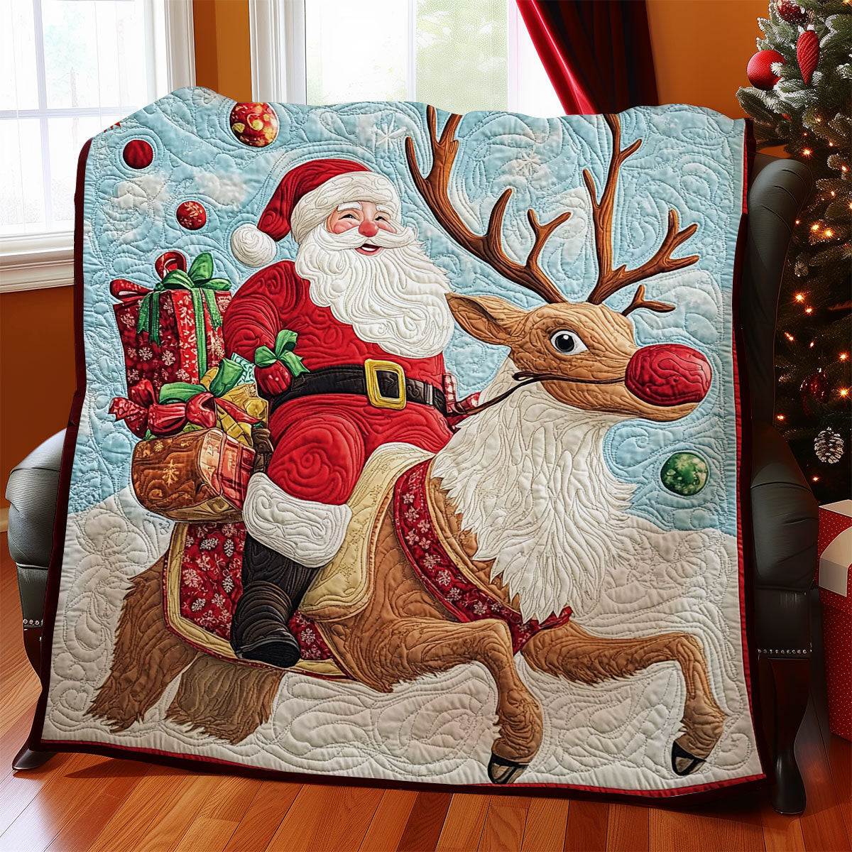 Santa Riding Reindeer Woodland Retreat Quilt Blanket