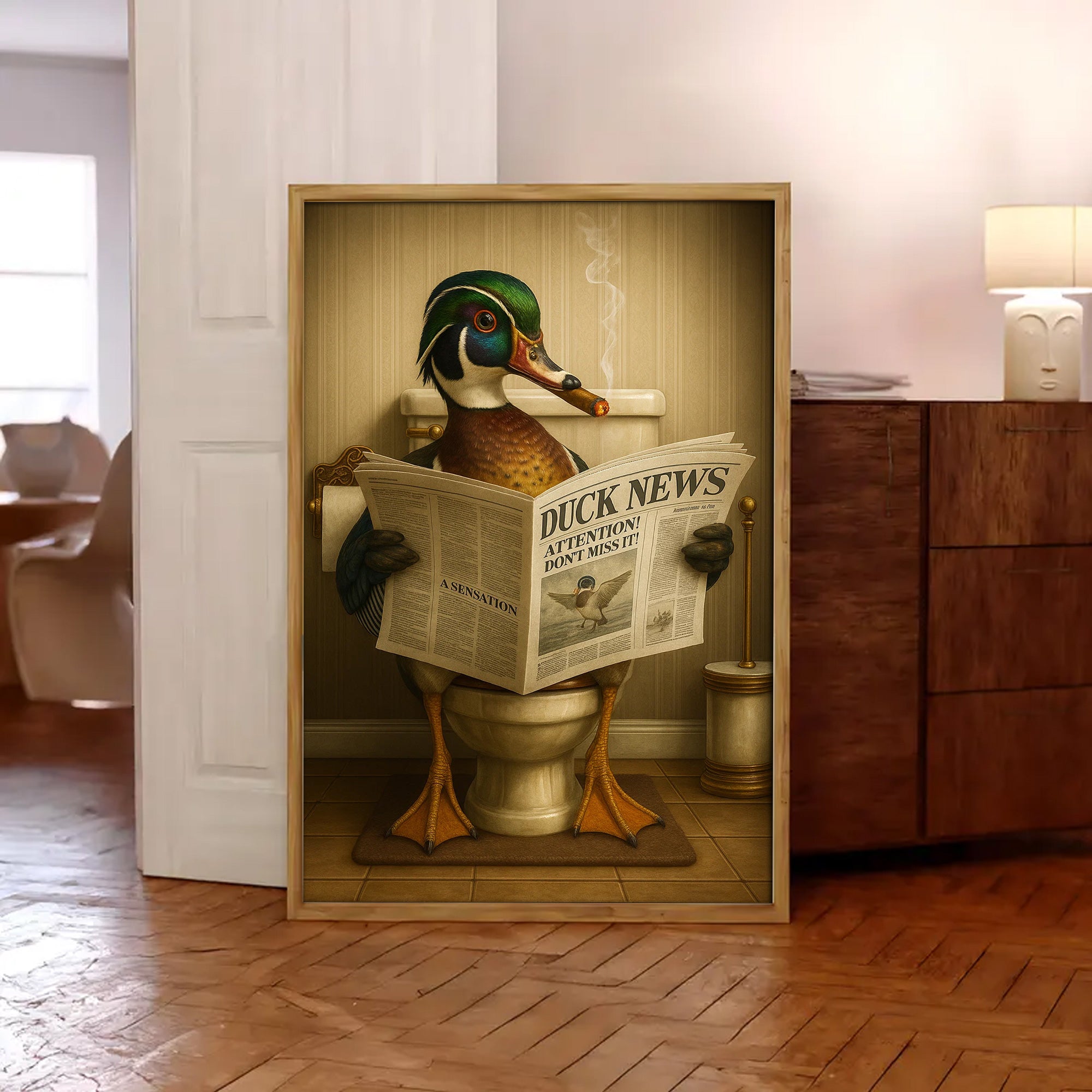 Funny Wood Duck Read Newspaper Bathroom Canvas – Hunting Wildlife Animal Poster - Unique Gift for Dad, Hunters