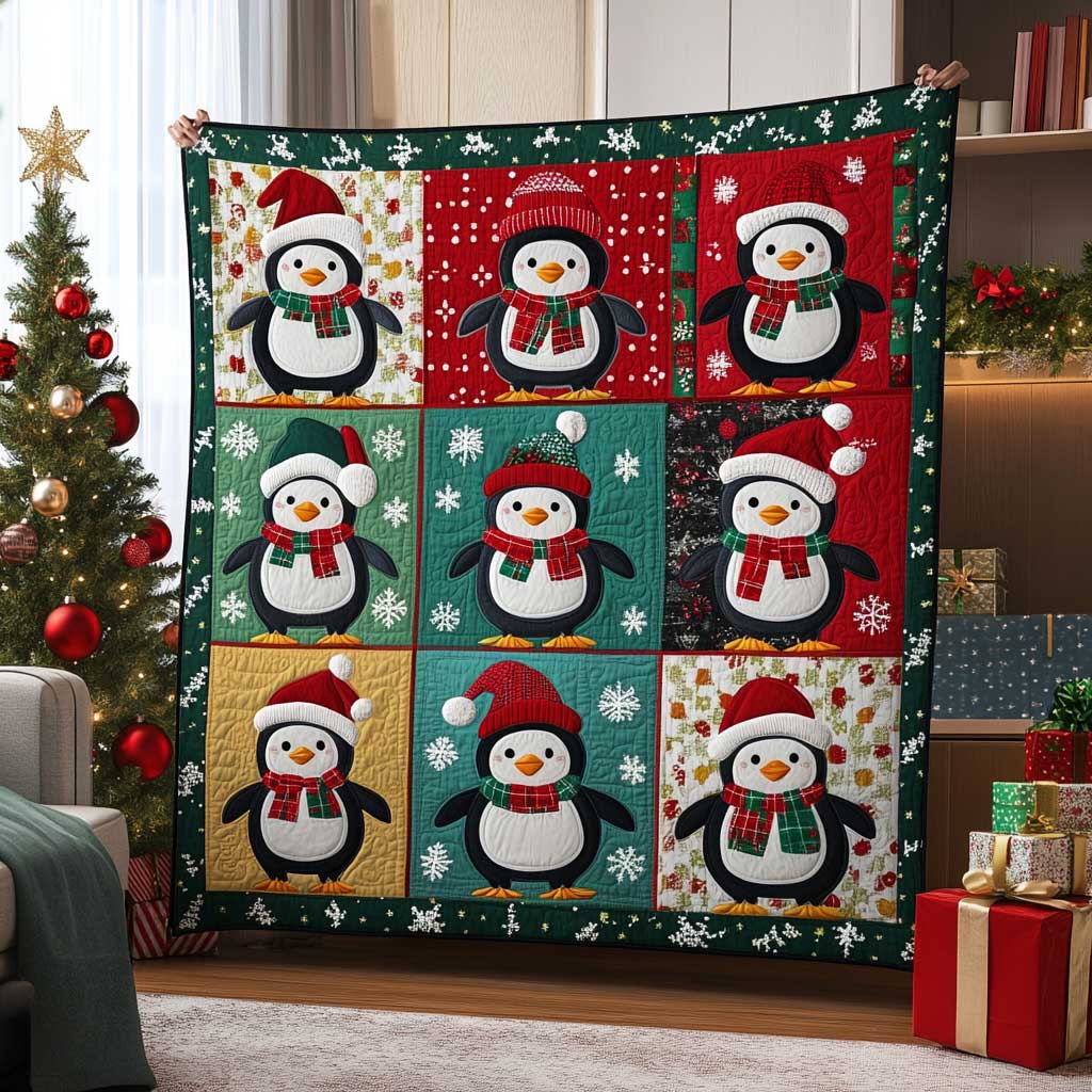 Christmas Penguin Peppermint Joy Quilt Blanket