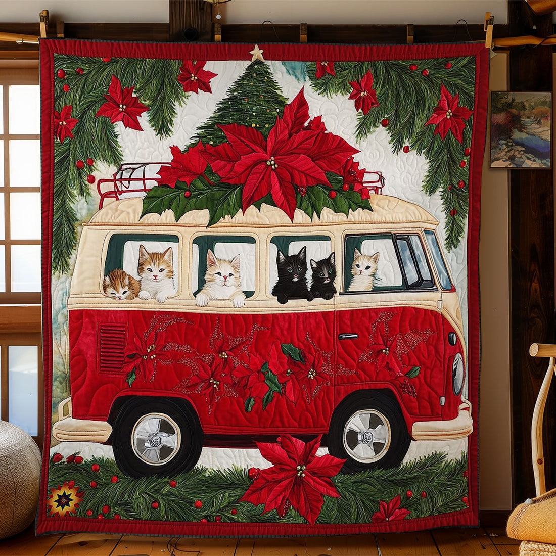 Christmas Cat Van Quilt Blanket