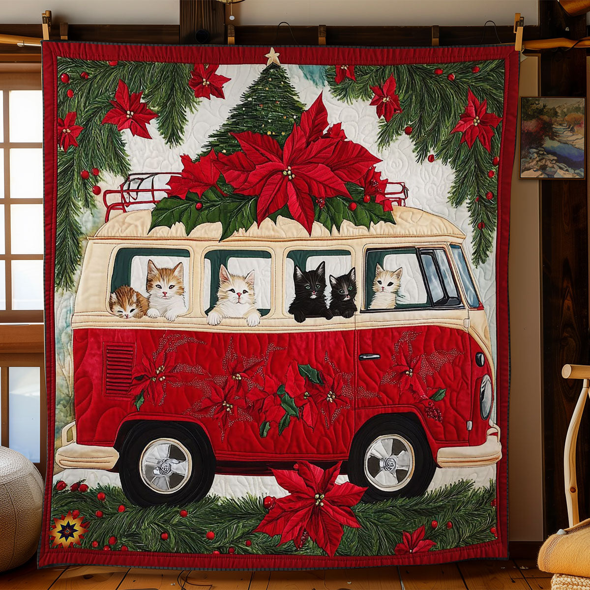 Christmas Cat Van Quilt Blanket