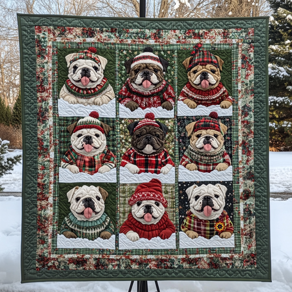 Bulldog Christmas Snowy Evening Quilt Blanket