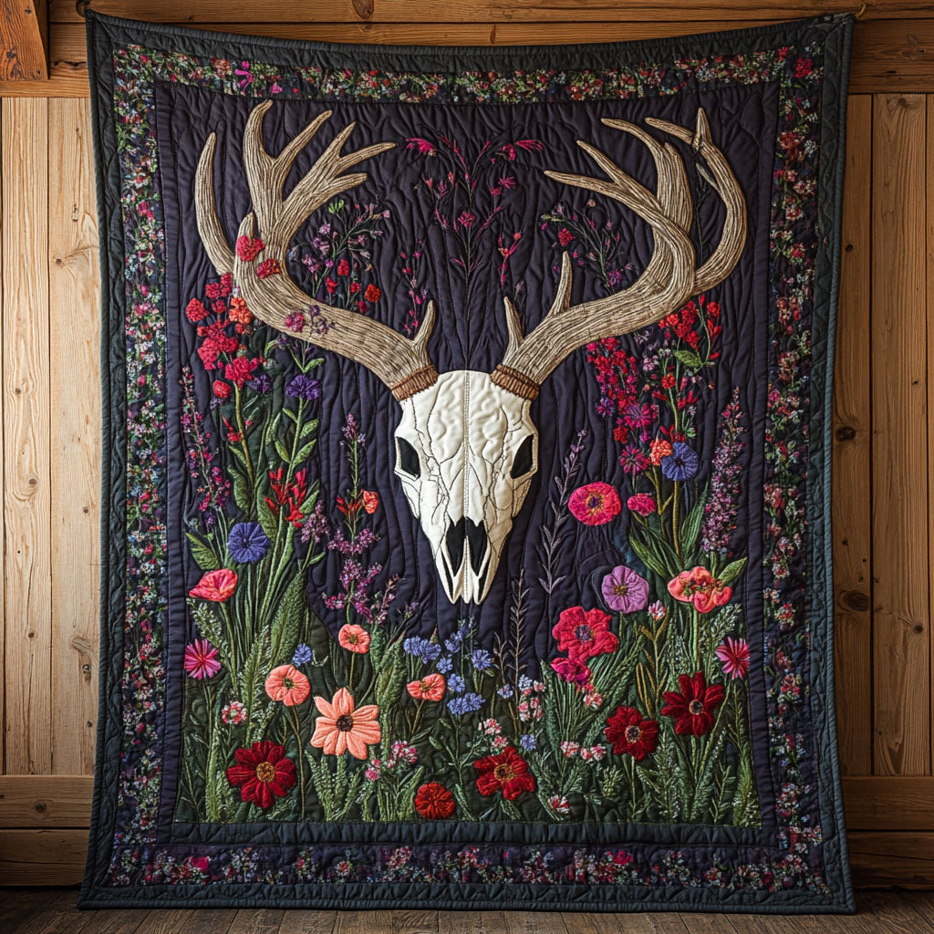 Floral Antler Skull Quilt Blanket