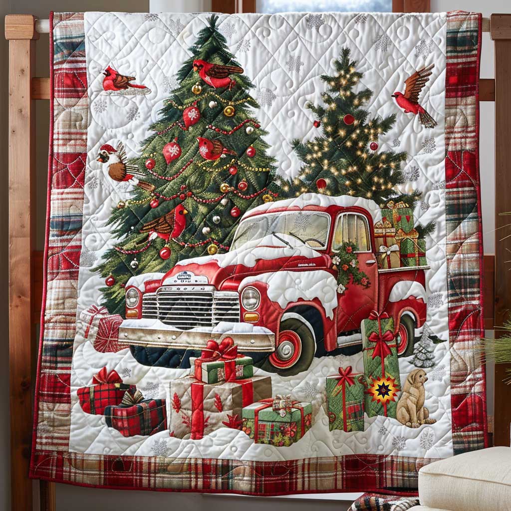 Christmas Gift Truck Cardinal Quilt Blanket