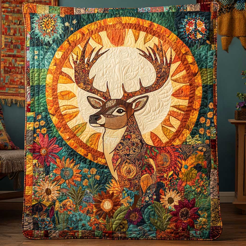 Golden Deer Spirit Quilt Blanket