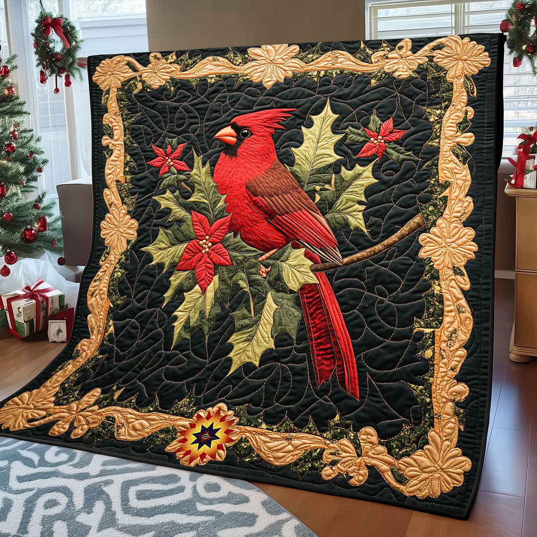 Cardinal Christmas Symbol Quilt Blanket