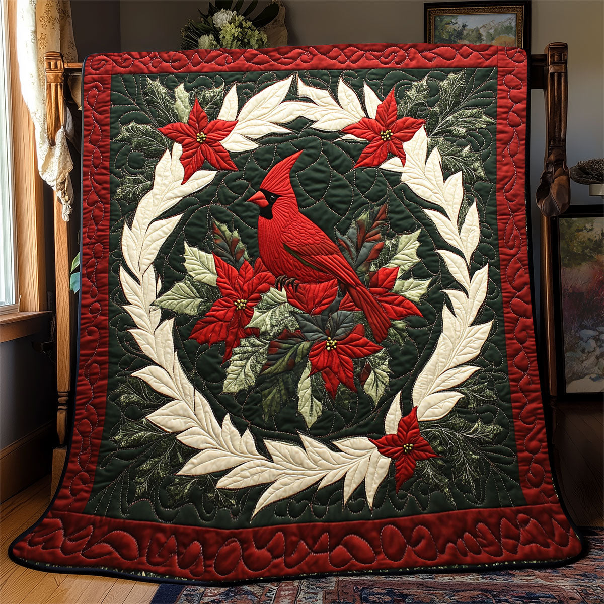 Cardinal Poinsettia Holiday Cheer Quilt Blanket