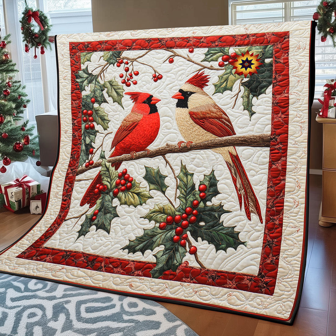 Christmas Cardinal Couple Quilt Blanket
