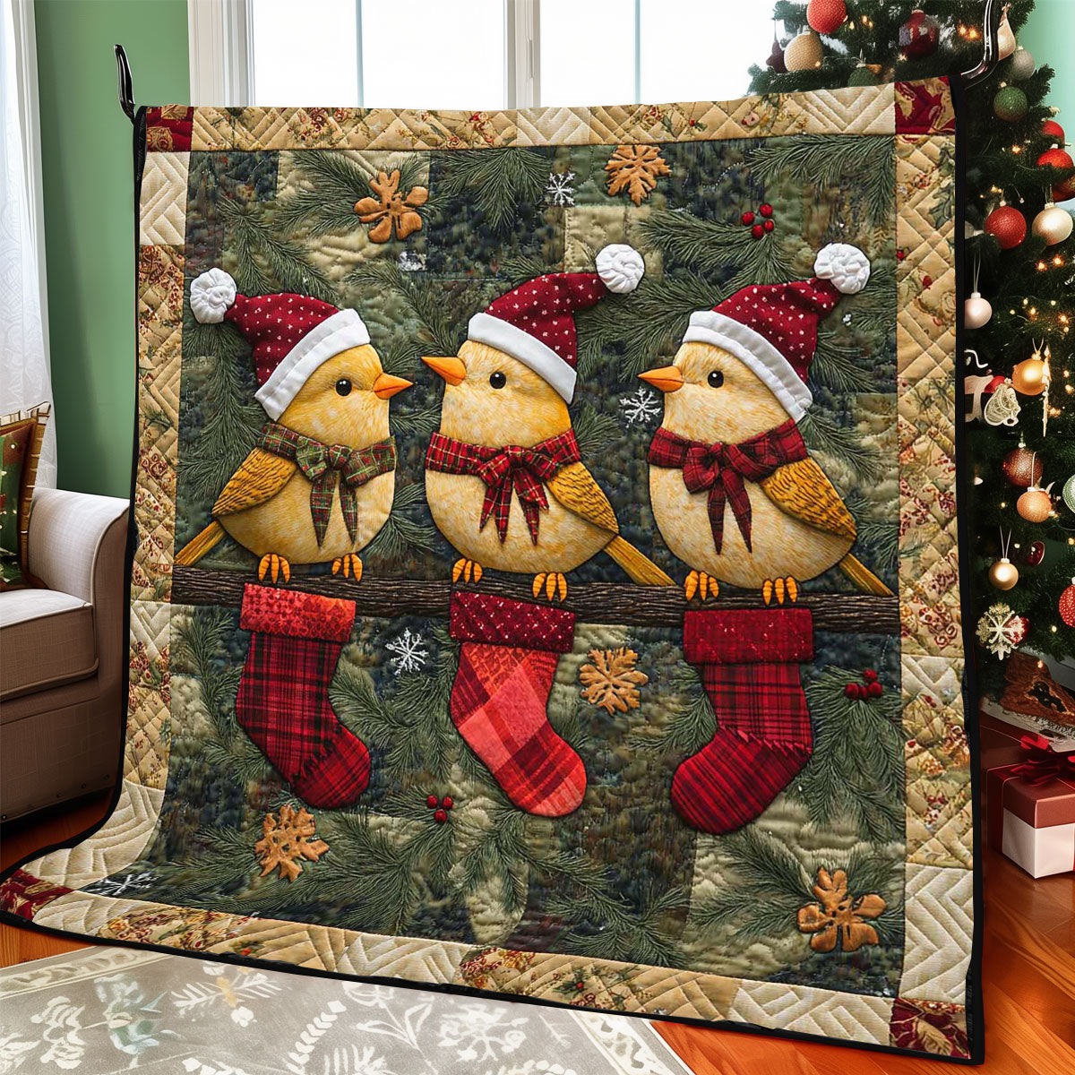 Christmas Bird Silent Night Quilt Blanket
