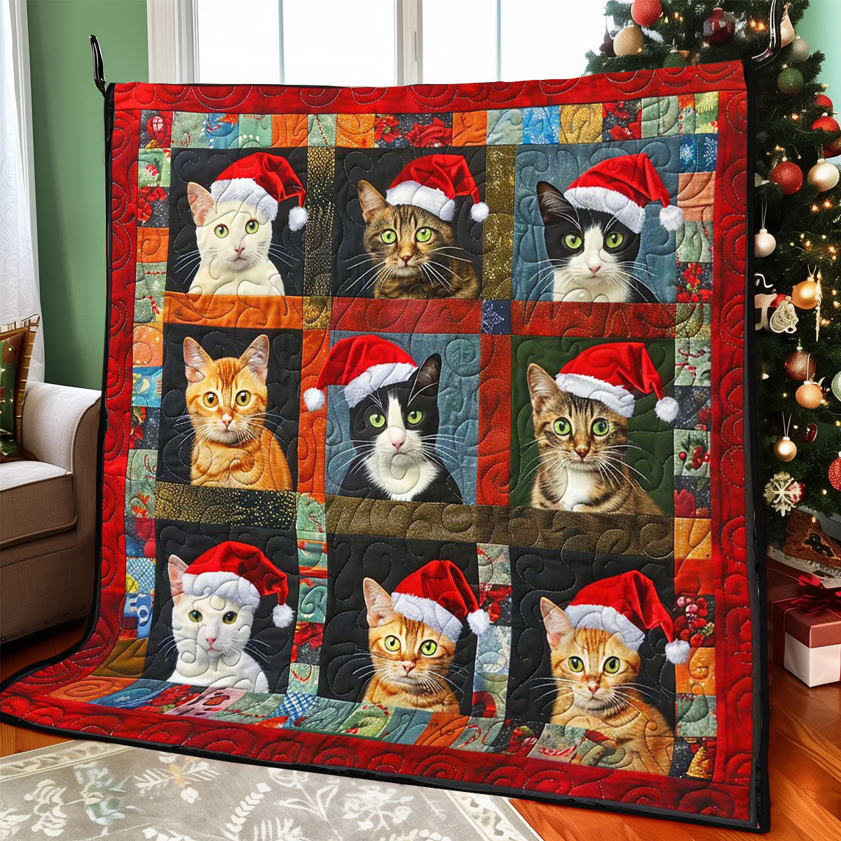 Christmas Cat Snowy Evening Quilt Blanket
