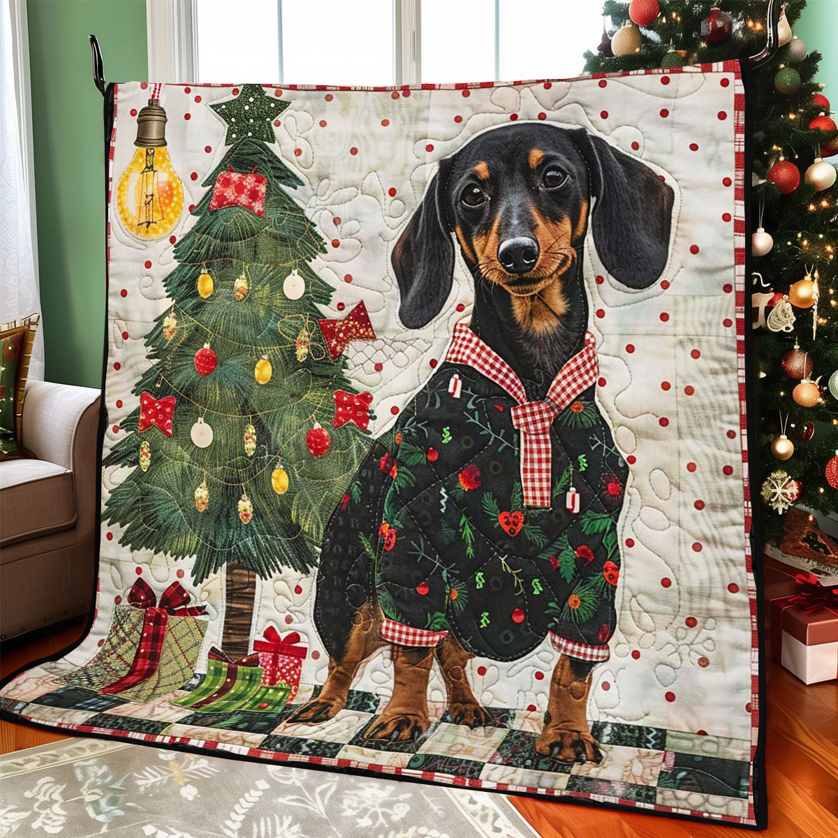 Christmas Dachshund Fireside Comfort Quilt Blanket