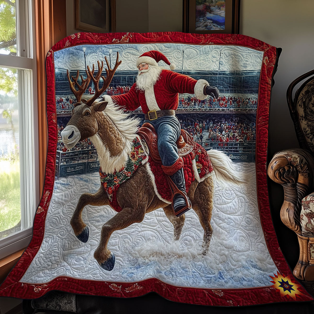 Santa Riding Reindeer Quilt Blanket