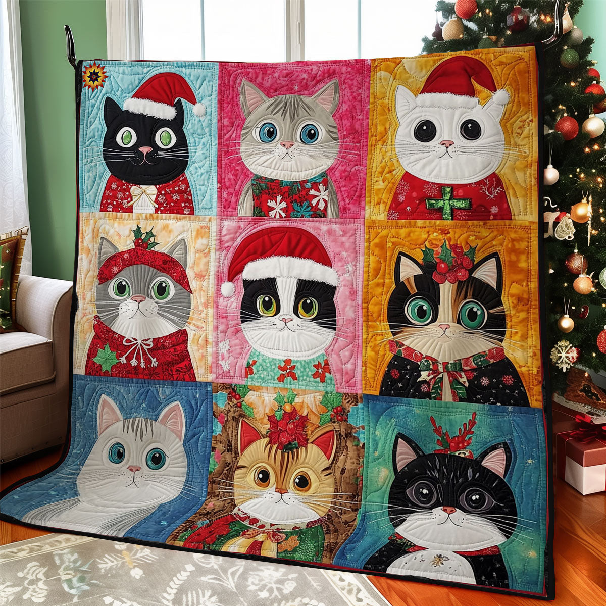 Christmas Cat Cocoa Night Quilt Blanket