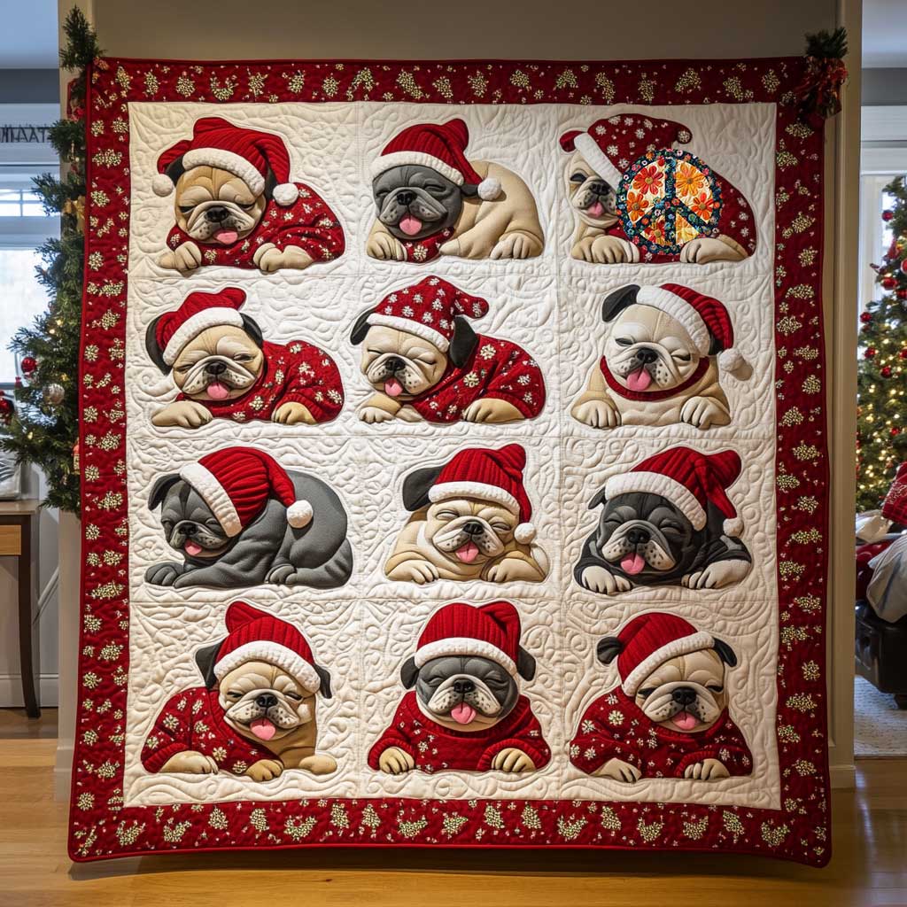Christmas Night Sleeping Bulldog Quilt Blanket