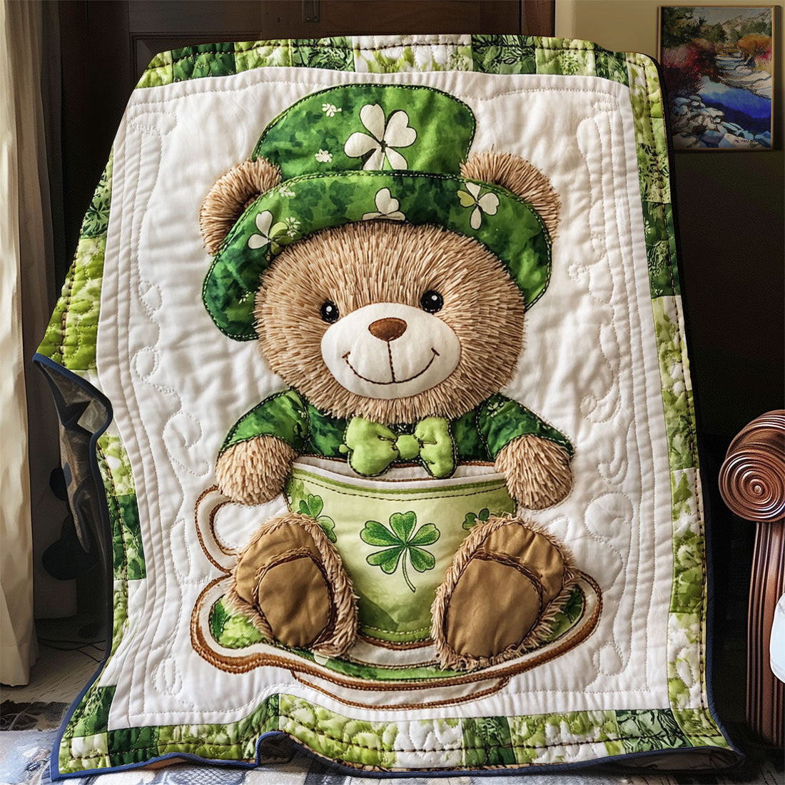 Patrick Day Teddy Bear Rustic Charm Quilt Blanket