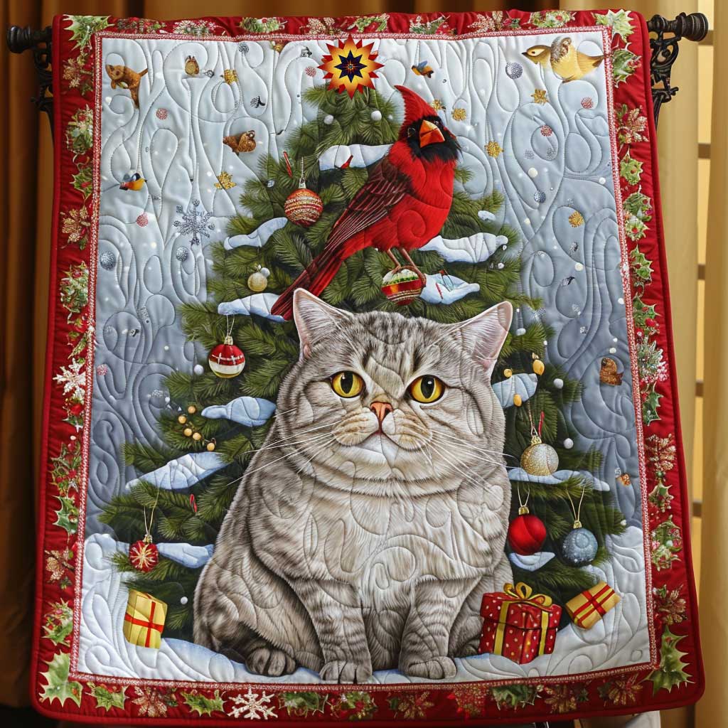 Cat and Cardinal Christmas Eve Quilt Blanket