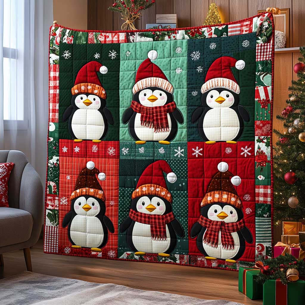 Christmas Penguin Silent Night Quilt Blanket