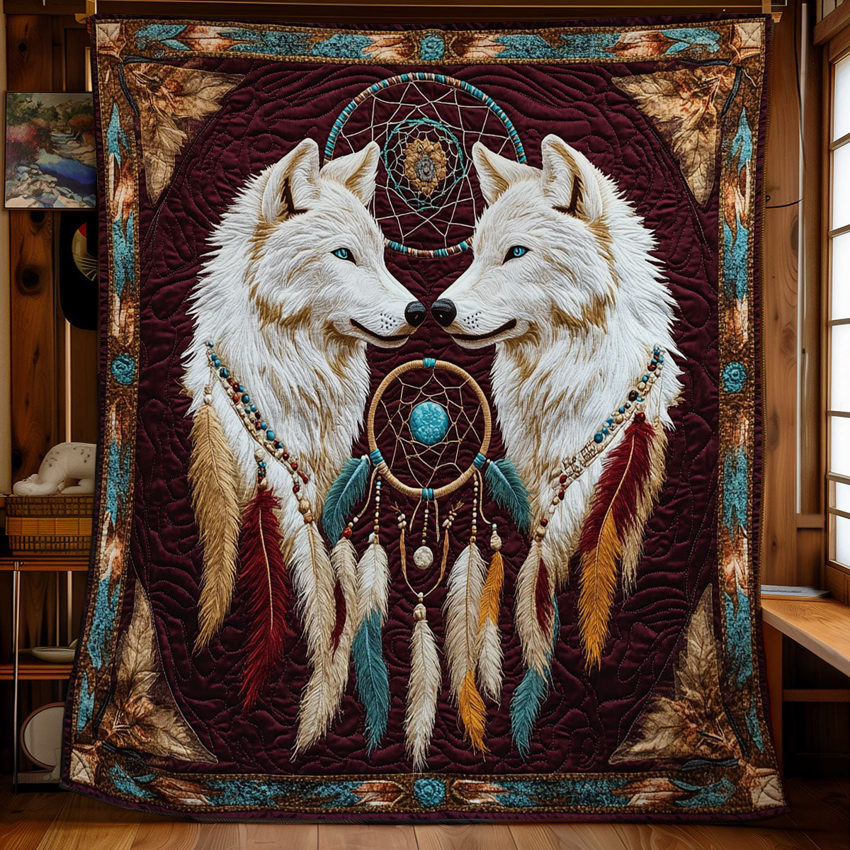Feather Dreamcatcher And Wolf Quilt Blanket