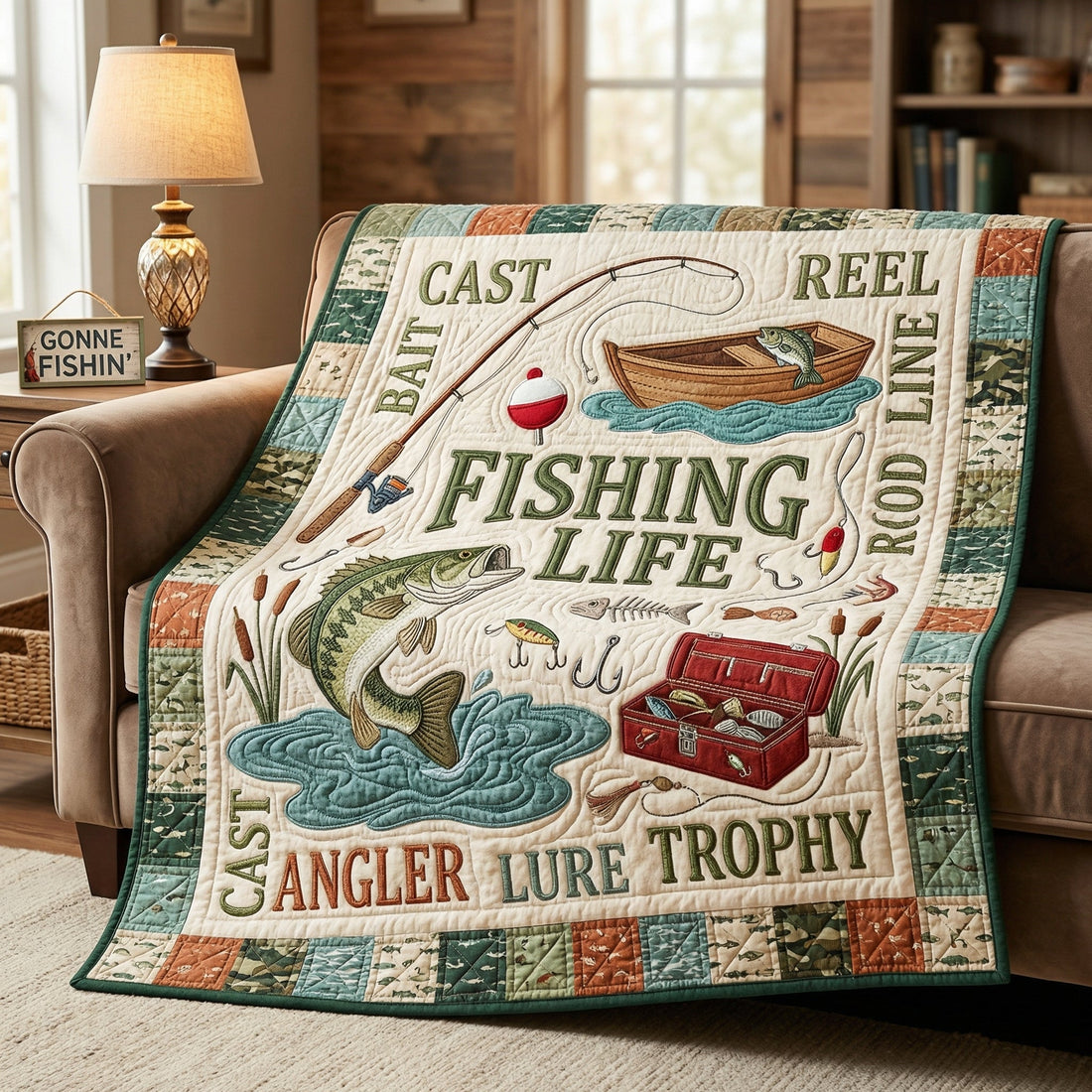Fishing Life Rustic Charm Quilt Blanket