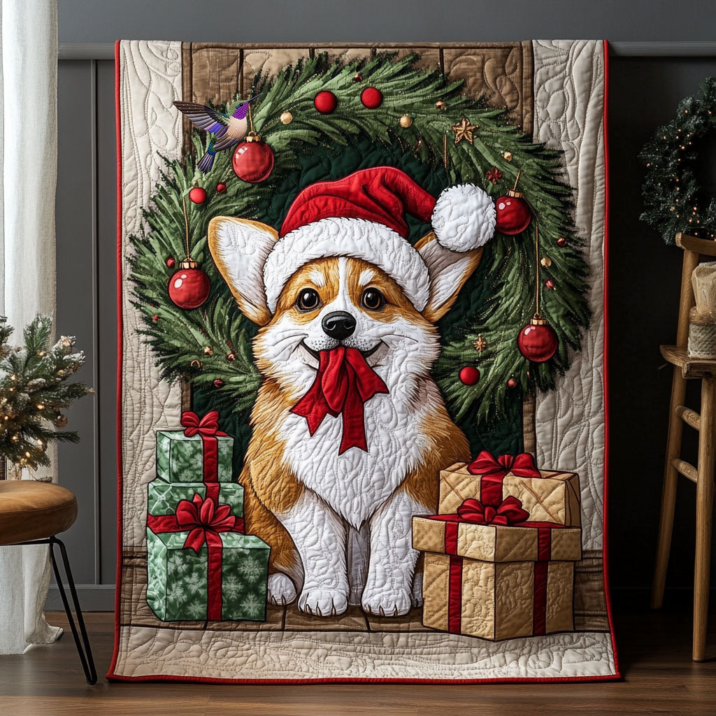 Christmas Corgi Fireside Comfort Quilt Blanket