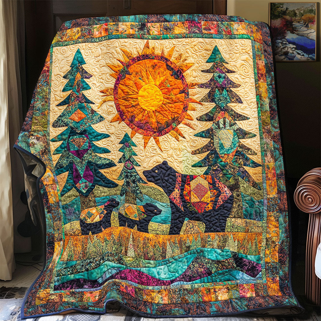 Bear In Forest Warm Embrace Quilt Blanket