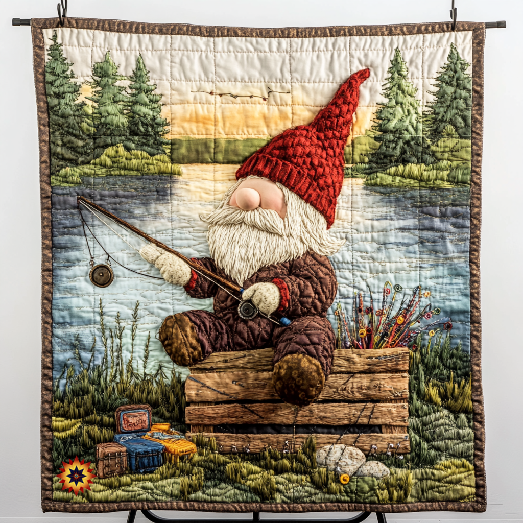 Gnome Fishing Time Quilt Blanket