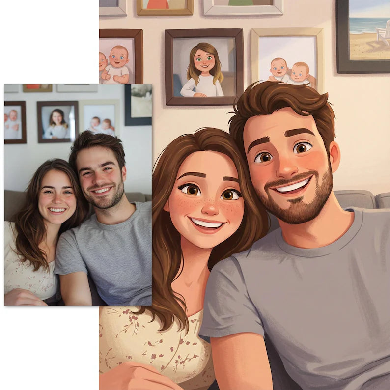Custom Pixar-Style Cartoon Family Portrait Drawing