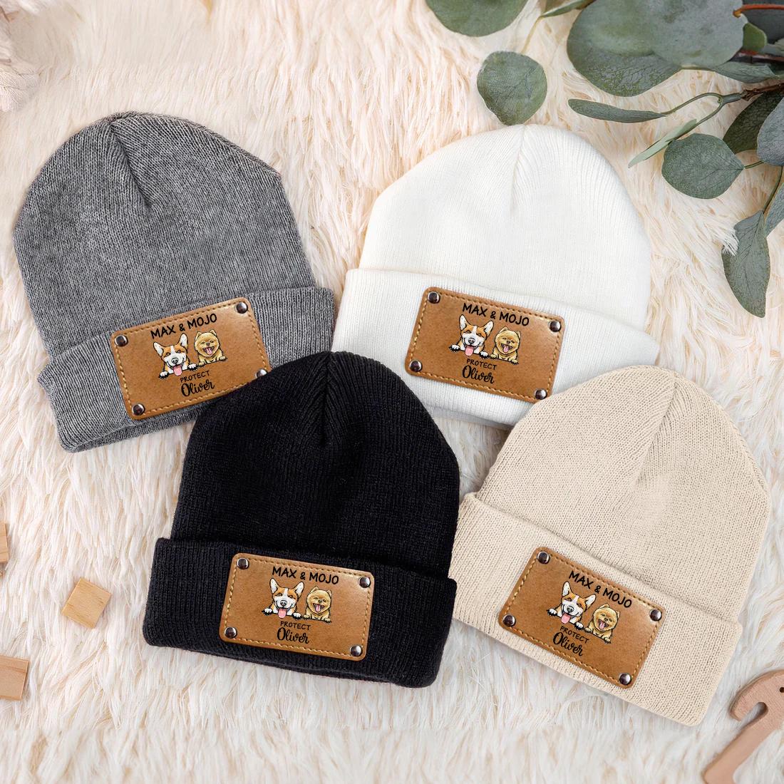 Baby Beanie Protected By Custom Dog Name, Personalized Baby Beanies with Name Kids for Baby Kids Adult, Leather Patch Beanie, Newborn Gift