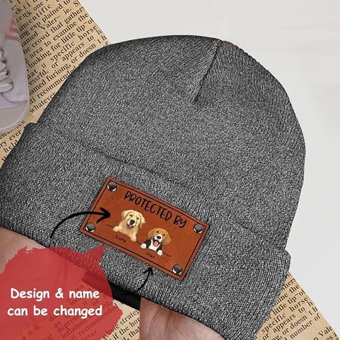 Personalized Baby Beanie with Vegan Leather Patch for Boy Girl, Custom Baby Puppy Beanies with Name Kids, Gift for Newborn, Toddler, Kid