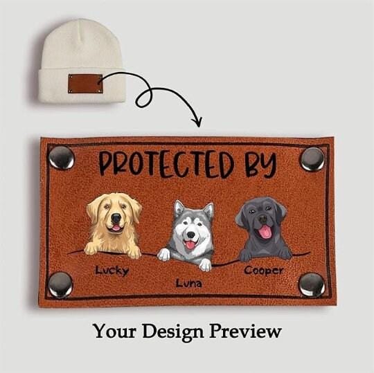 Personalized Baby Beanie with Vegan Leather Patch for Boy Girl, Custom Baby Puppy Beanies with Name Kids, Gift for Newborn, Toddler, Kid