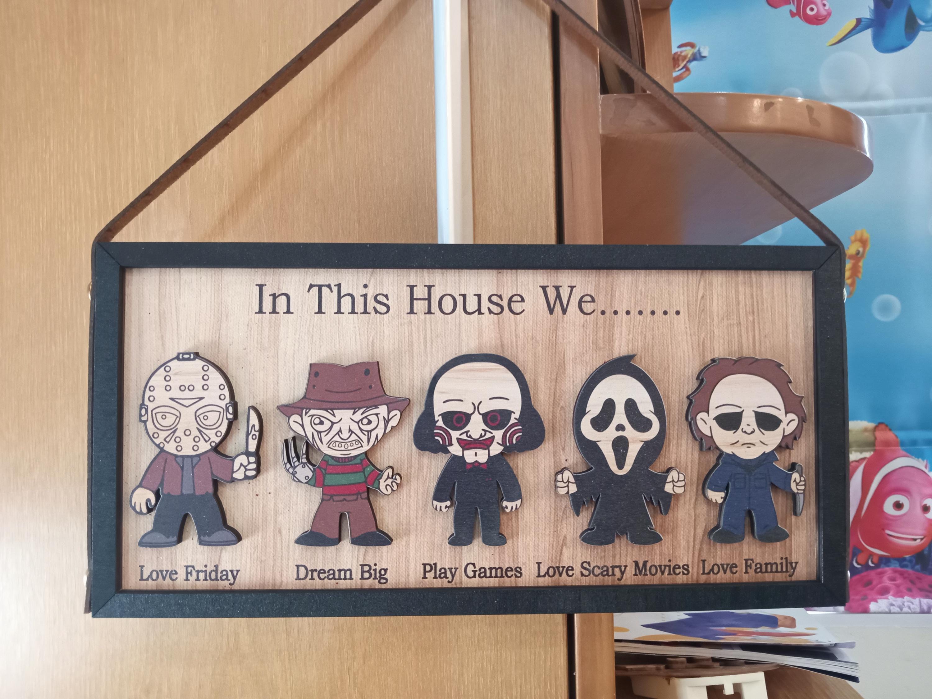 Custom In This House We Horror Character Halloween Frame Wood Sign Home Decoration, Gift for Father's Day, Halloween Gift Idea