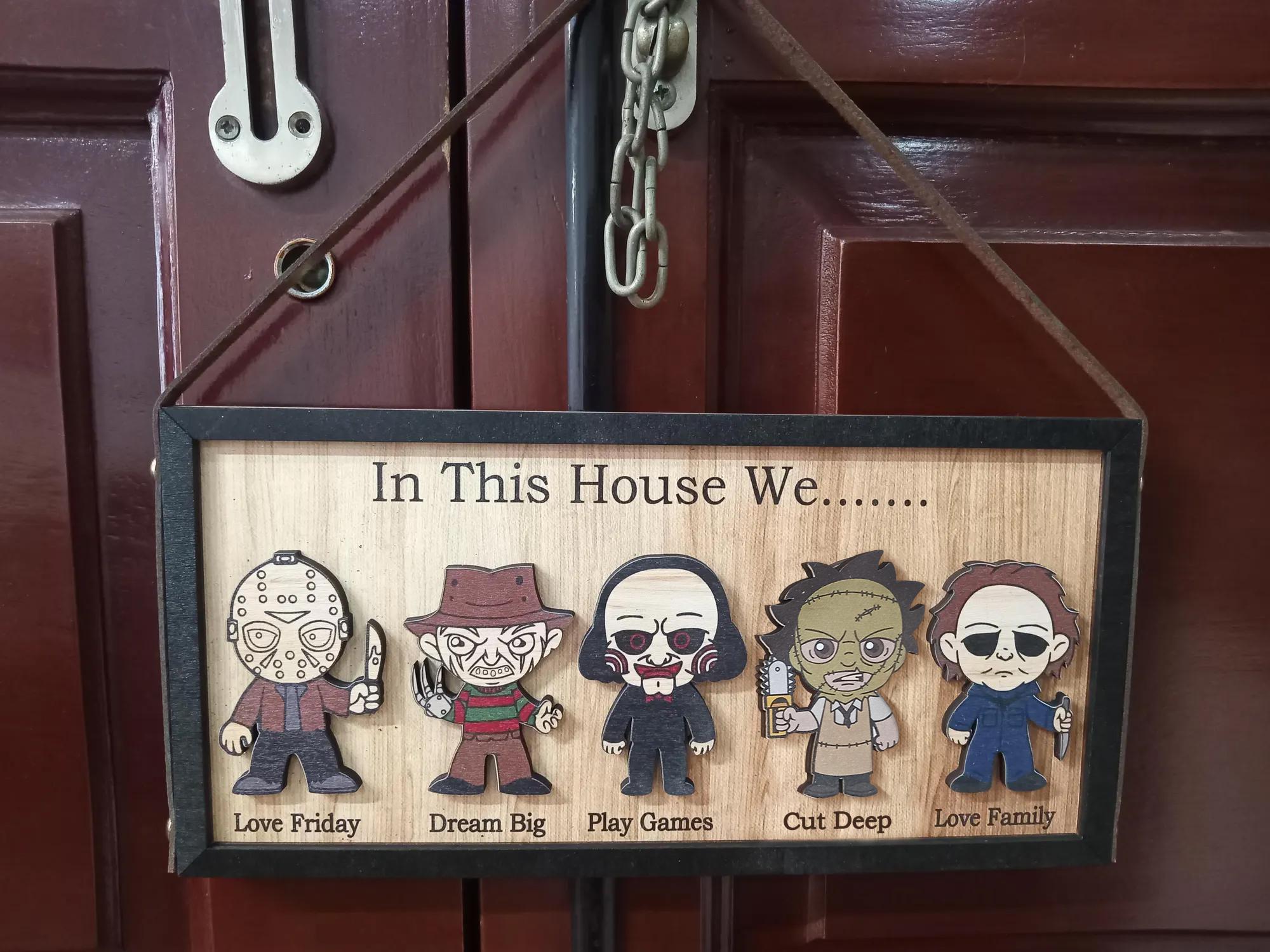 Custom In This House We Horror Character Halloween Frame Wood Sign Home Decoration, Gift for Father's Day, Halloween Gift Idea