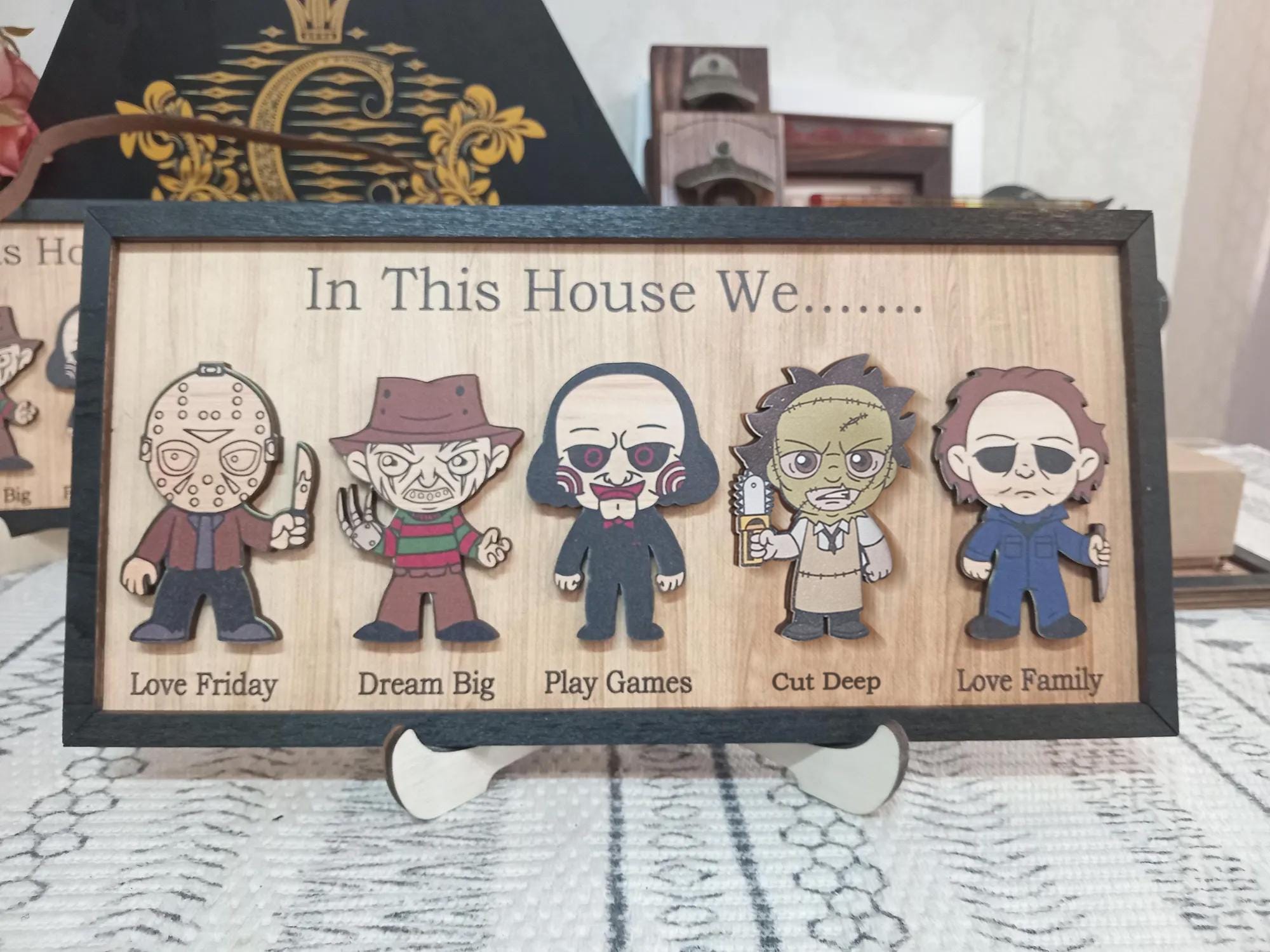 Custom In This House We Horror Character Halloween Frame Wood Sign Home Decoration, Gift for Father's Day, Halloween Gift Idea
