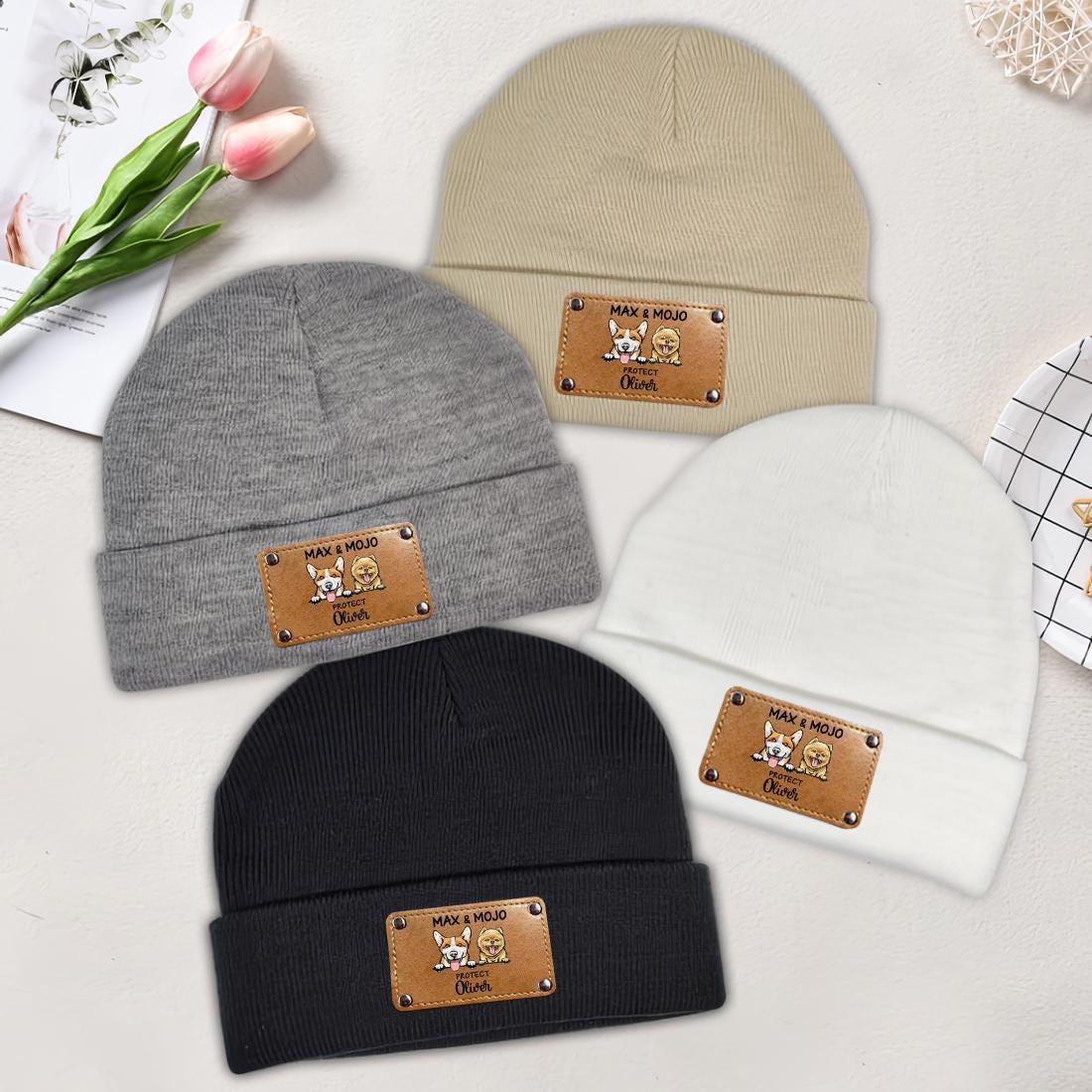 Baby Beanie Protected By Custom Dog Name, Personalized Baby Beanies with Name Kids for Baby Kids Adult, Leather Patch Beanie, Newborn Gift