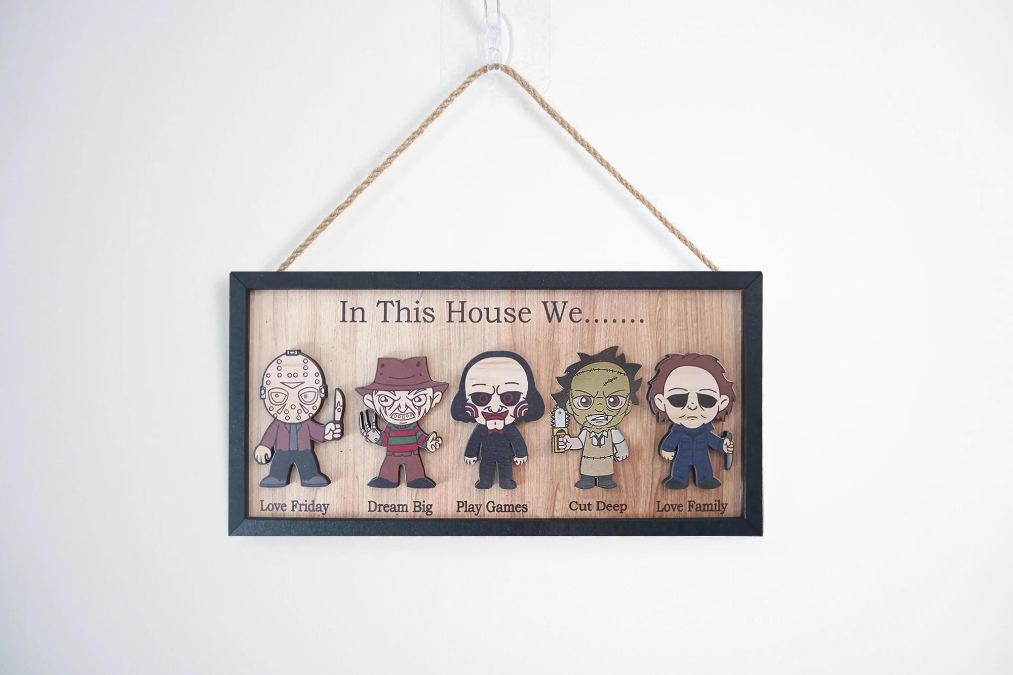 In This House We Horror Character Halloween Frame Wood Sign Home Decoration, Gift for Father's Day, Halloween Gift Idea, Kids Keepsake