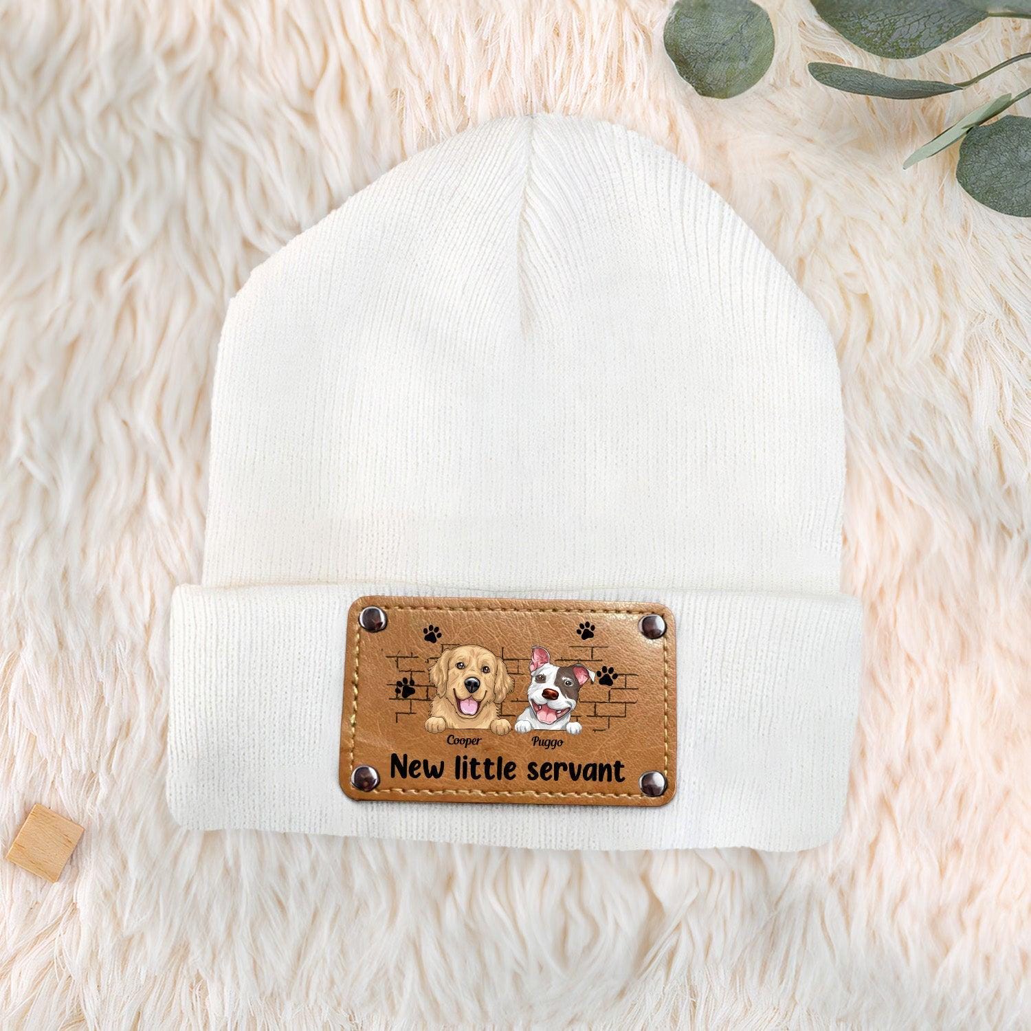 New Little Servant Personalized Beanie with Leather Patch for Boy Girl, Custom Baby Puppy Beanies with Name, Gift for Newborn, Toddler, Kids