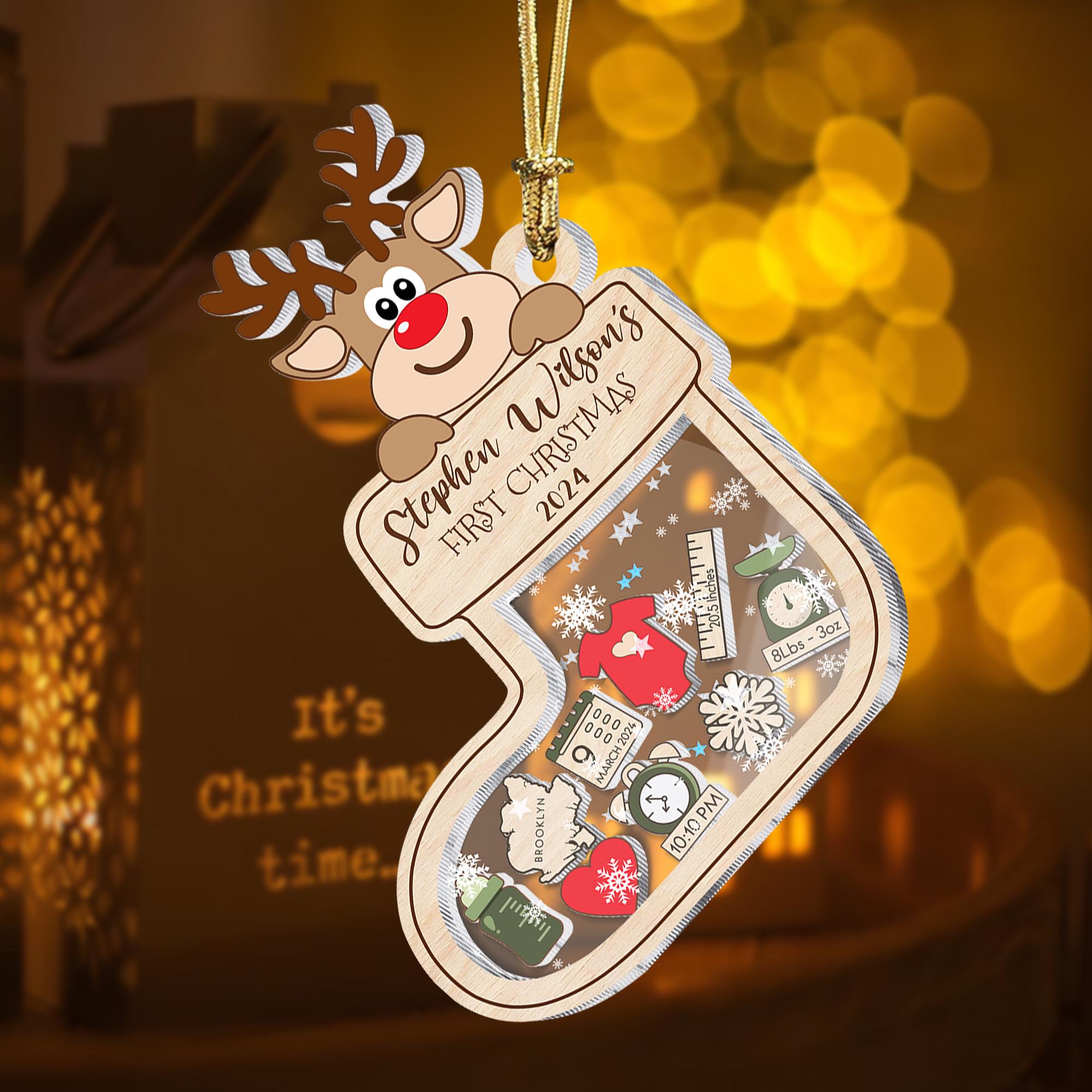 Personalized Reindeer 4D Shaker Ornament Gift for Baby's First Christmas 2024, Baby Shower Gift, Baby Name Xmas Keepsake