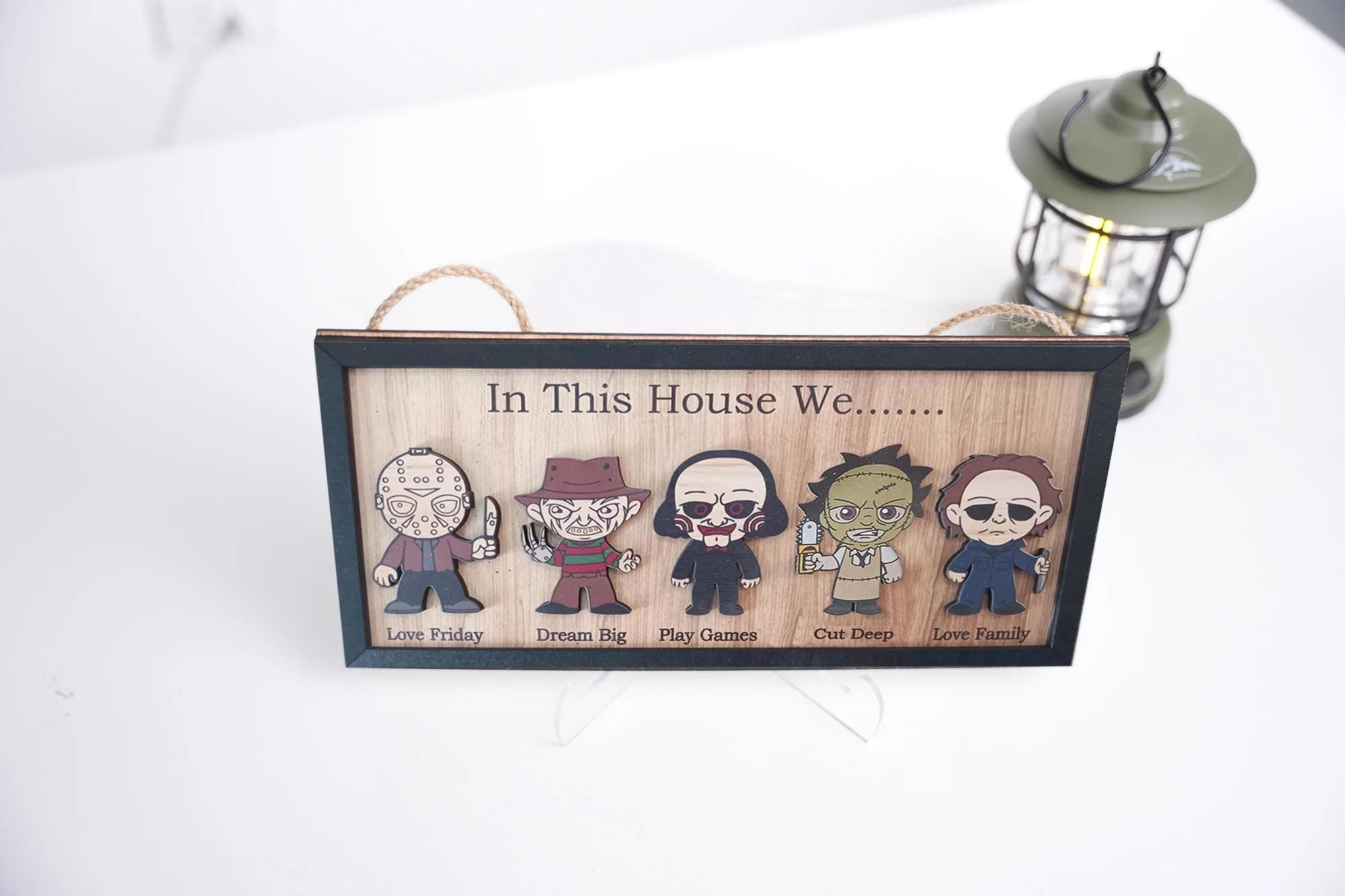 In This House We Horror Character Halloween Frame Wood Sign Home Decoration, Gift for Father's Day, Halloween Gift Idea, Kids Keepsake
