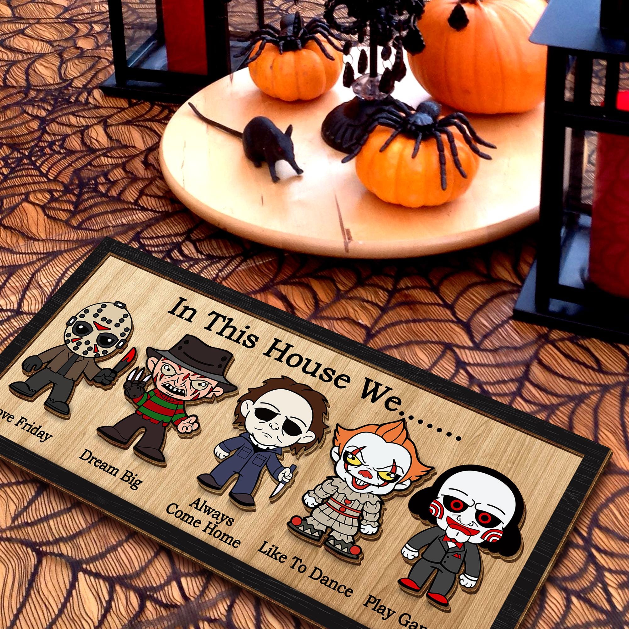 In This House We Horror Character Halloween Frame Wood Sign Home Decoration, Gift for Father's Day, Halloween Gift Idea, Kids Keepsake