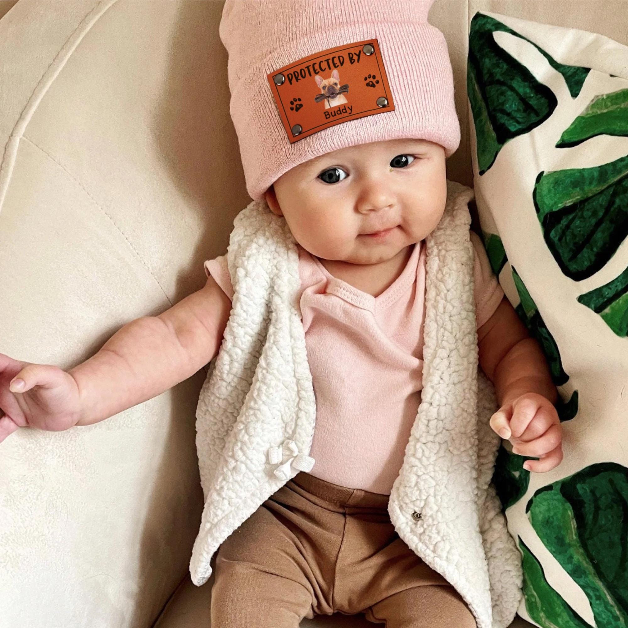 Baby Beanie Protected By Custom Portraits Using Pet Photo, Personalized Baby Beanie with Leather Patch, Beanie for Newborn, Infant, Baby