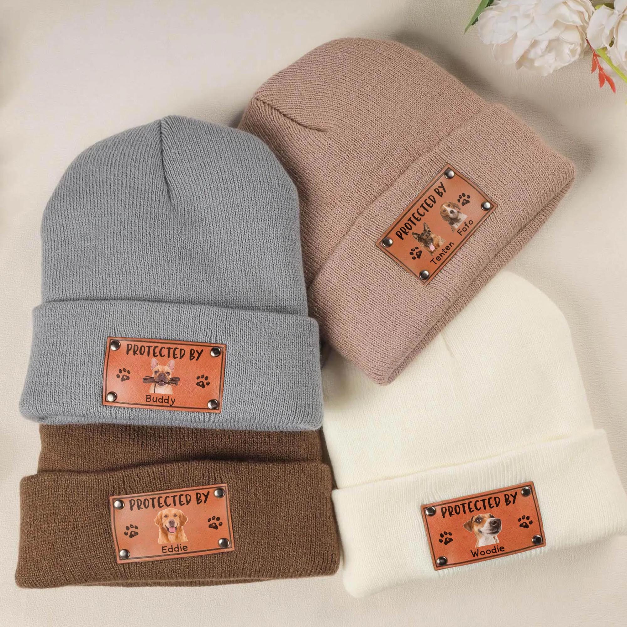 Baby Beanie Protected By Custom Portraits Using Pet Photo, Personalized Baby Beanie with Leather Patch, Beanie for Newborn, Infant, Baby