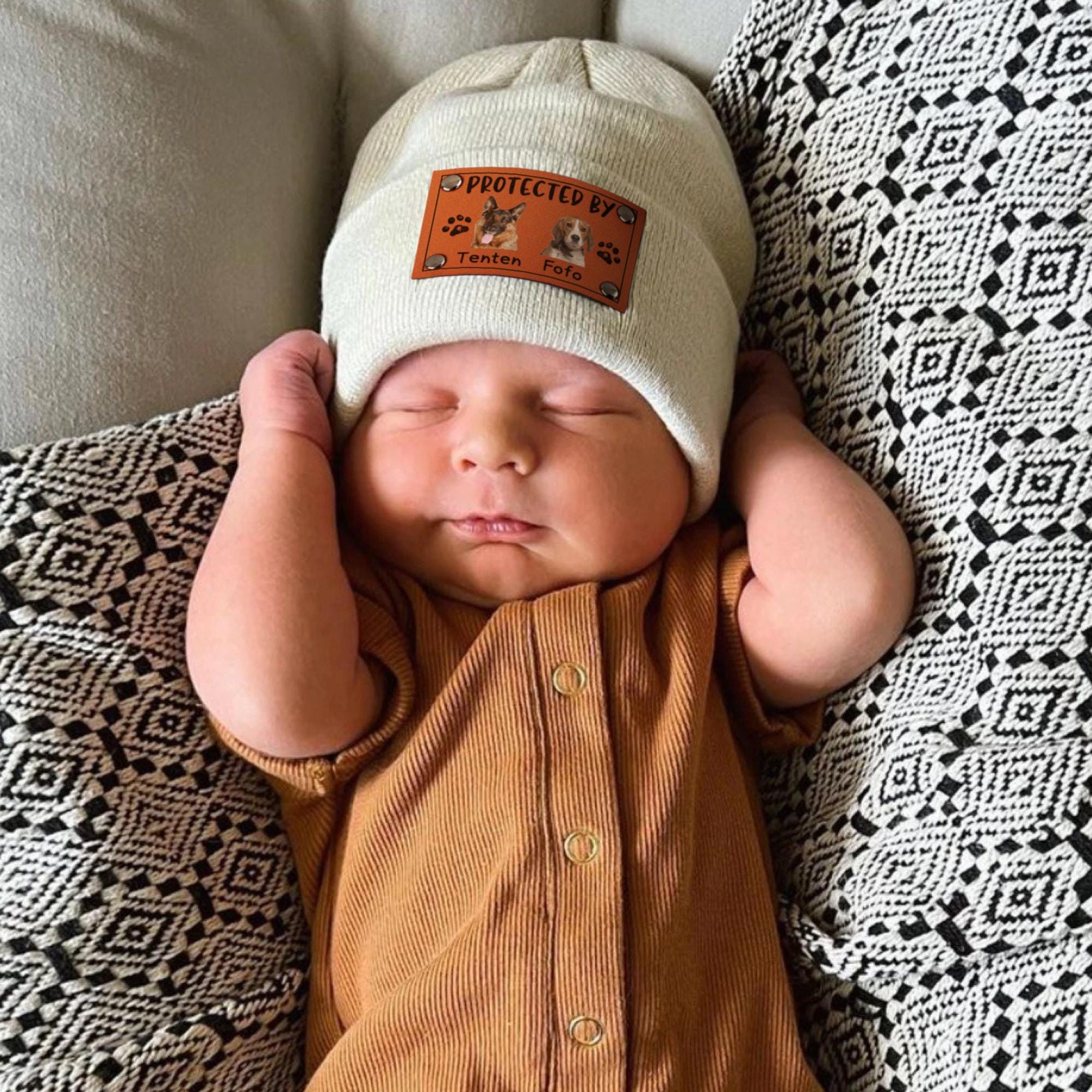 Baby Beanie Protected By Custom Portraits Using Pet Photo, Personalized Baby Beanie with Leather Patch, Beanie for Newborn, Infant, Baby