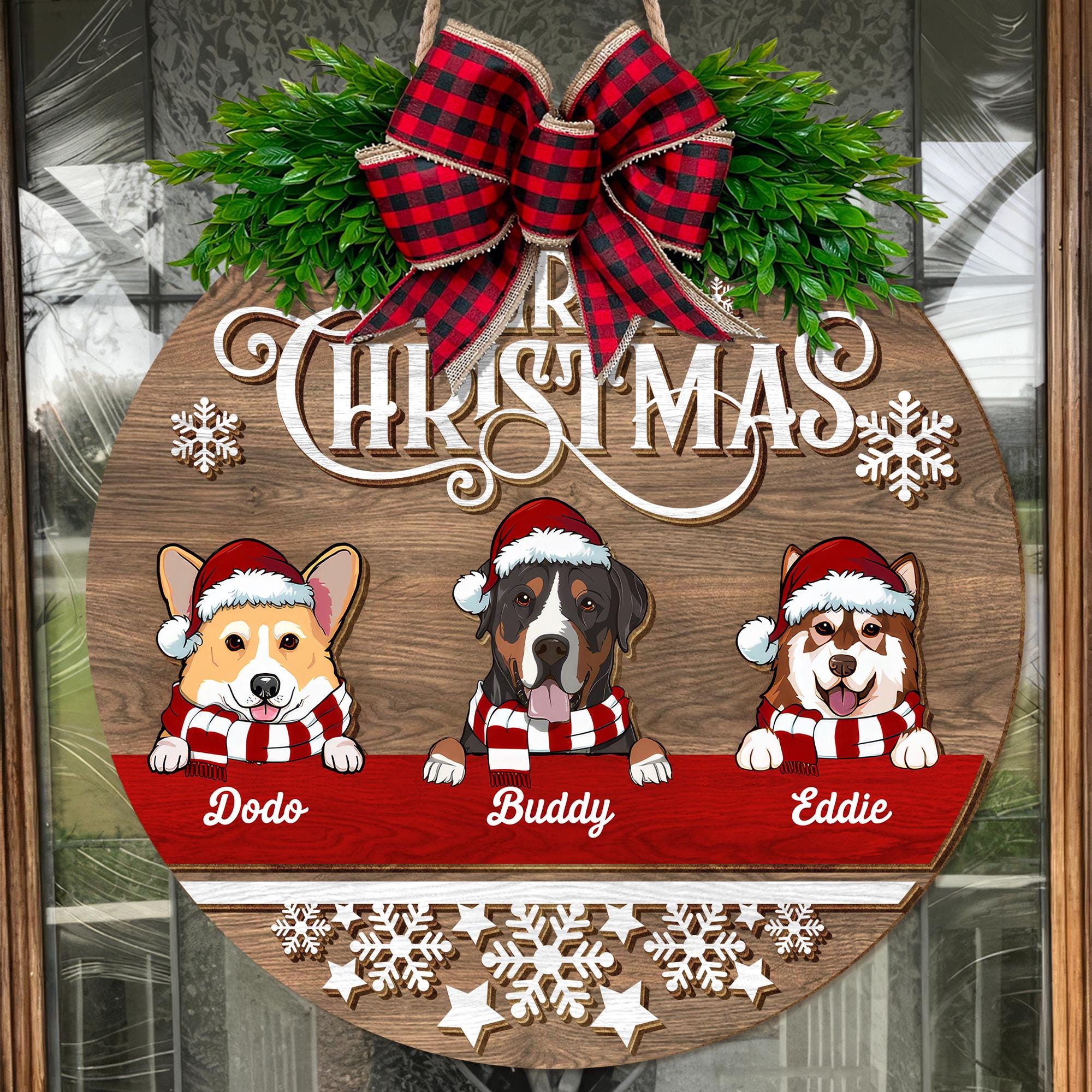 Personalized Dog Door Sign, Christmas Wreath Decorations, Gifts For Dog Lovers, Merry Christmas Wooden Welcome Door Signs, Dog Mom Gifts